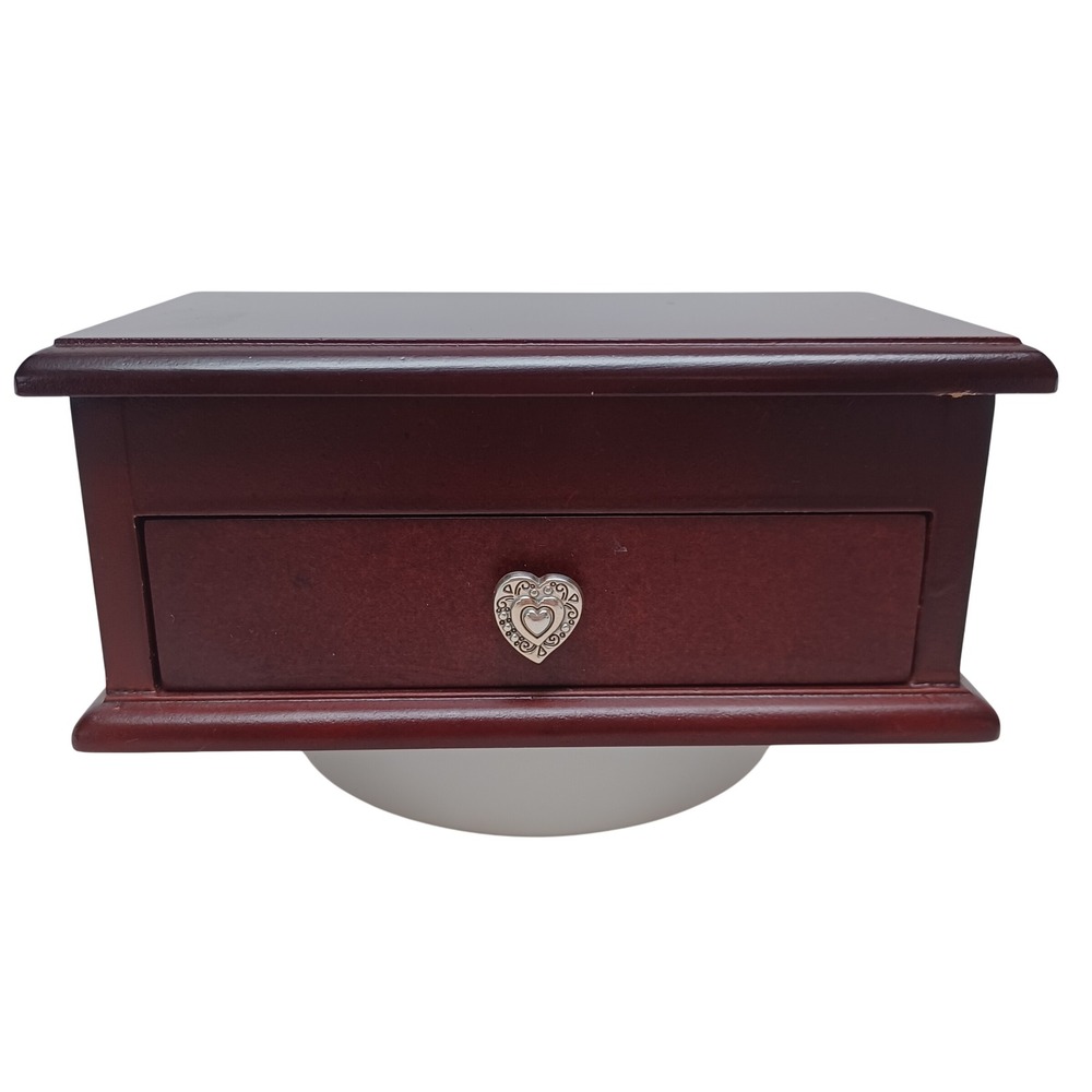 Brighton Wood Jewelry Box Cherry Finish Heart Knob Charm Quote Keepsake Drawer